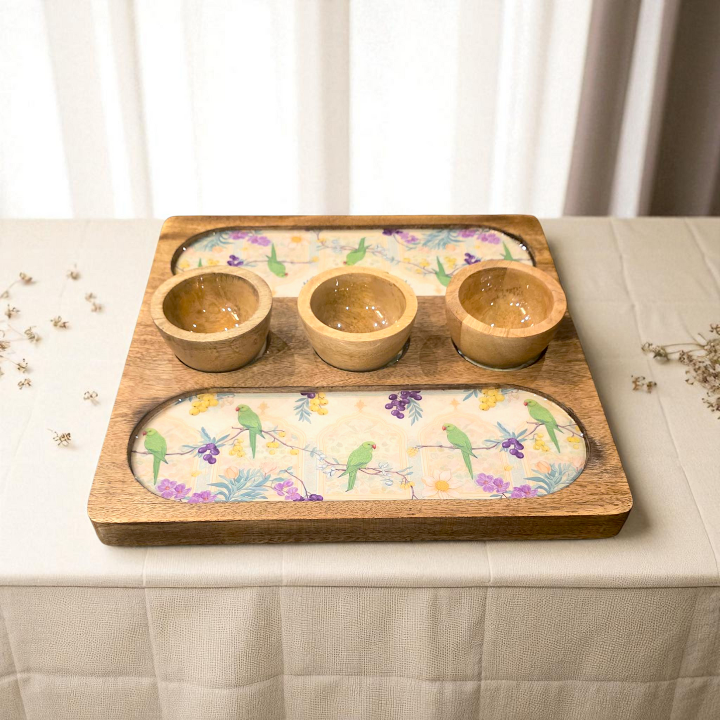 Wooden 2 Side 3 Bowl Platter - Bageecha