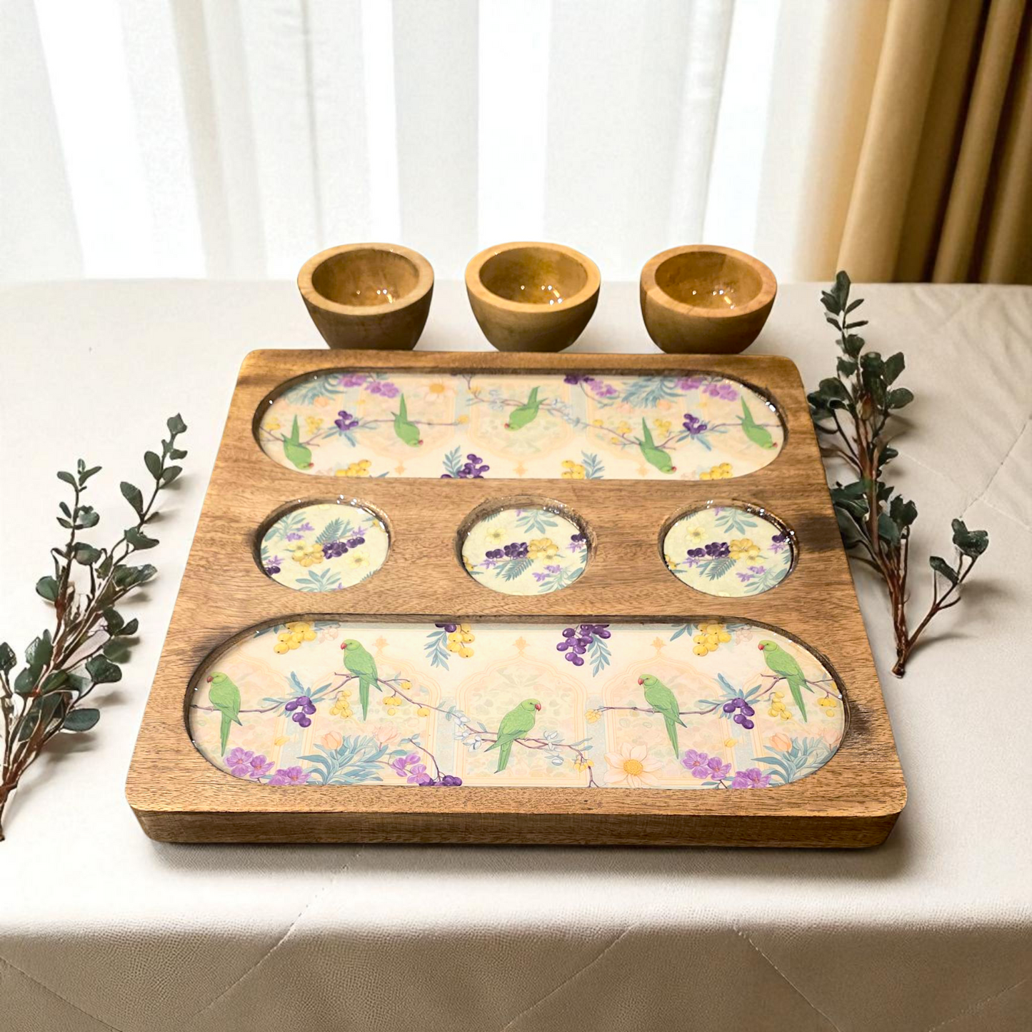Wooden 2 Side 3 Bowl Platter - Bageecha