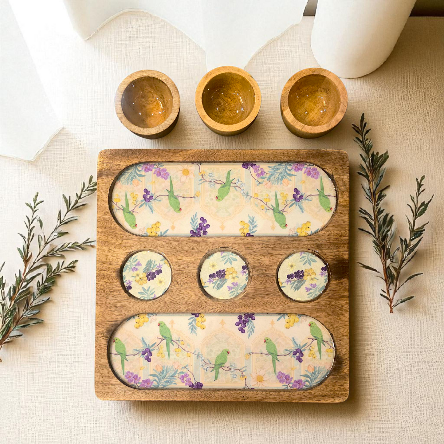 Wooden 2 Side 3 Bowl Platter - Bageecha