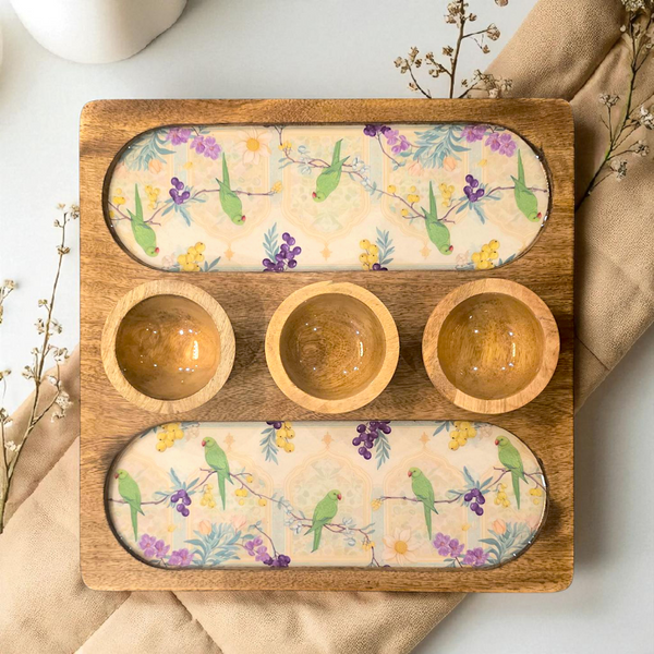 Wooden 2 Side 3 Bowl Platter - Bageecha