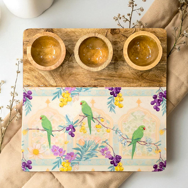 3 Bowl Wooden Snack Platter - Bageecha