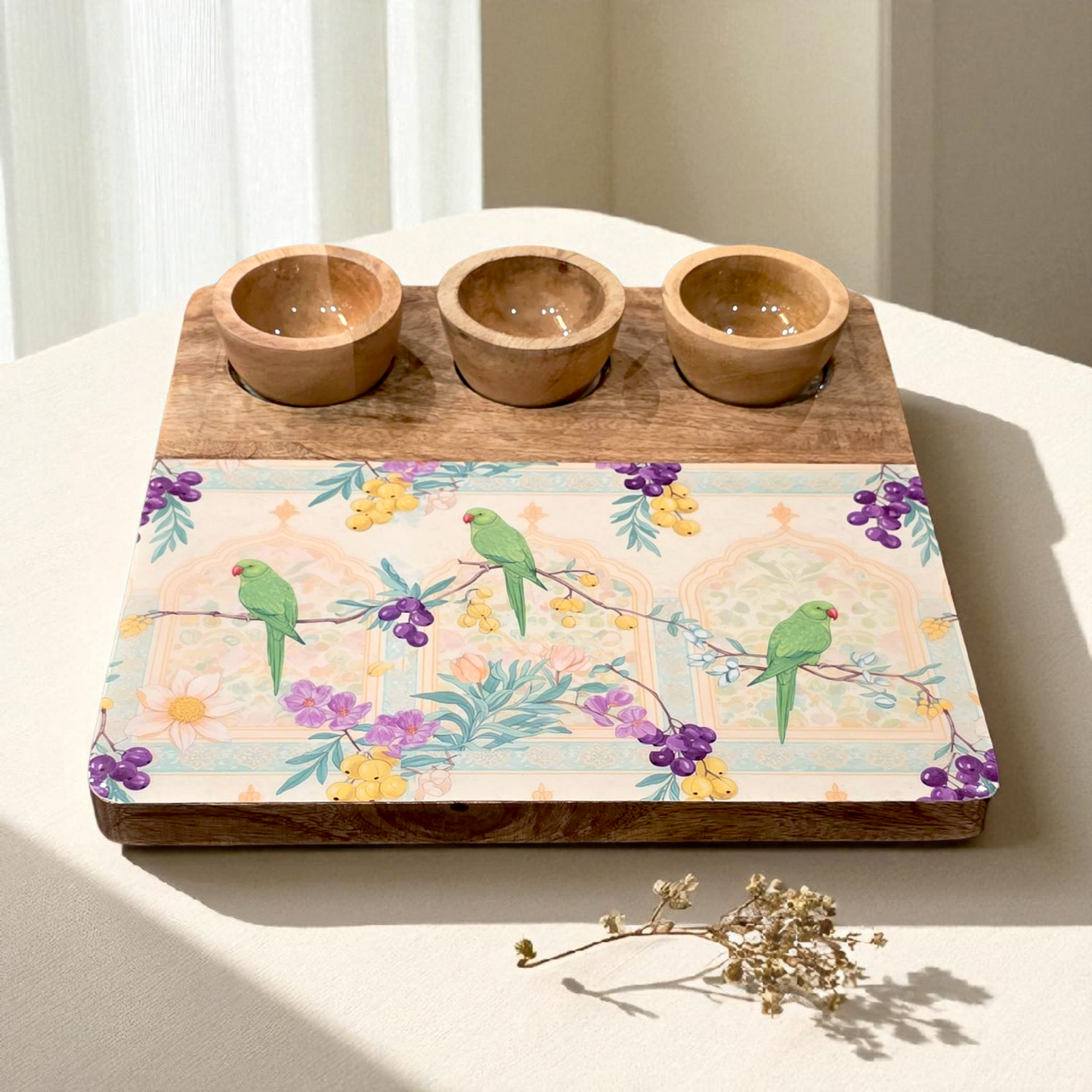 3 Bowl Wooden Snack Platter - Bageecha