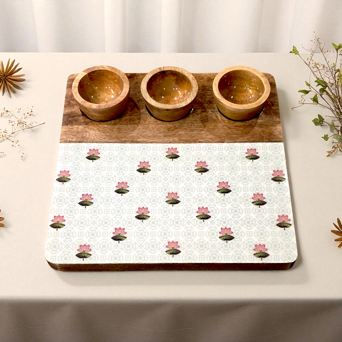 3 Bowl Wooden Snack Platter - The Lotus Buti