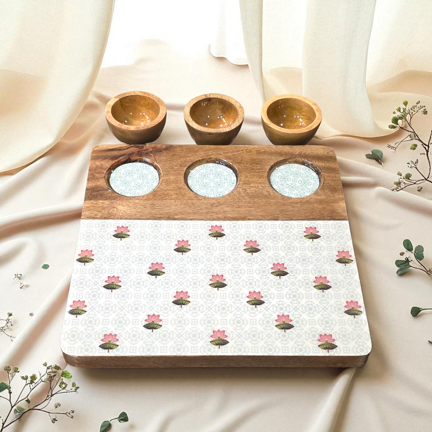 3 Bowl Wooden Snack Platter - The Lotus Buti