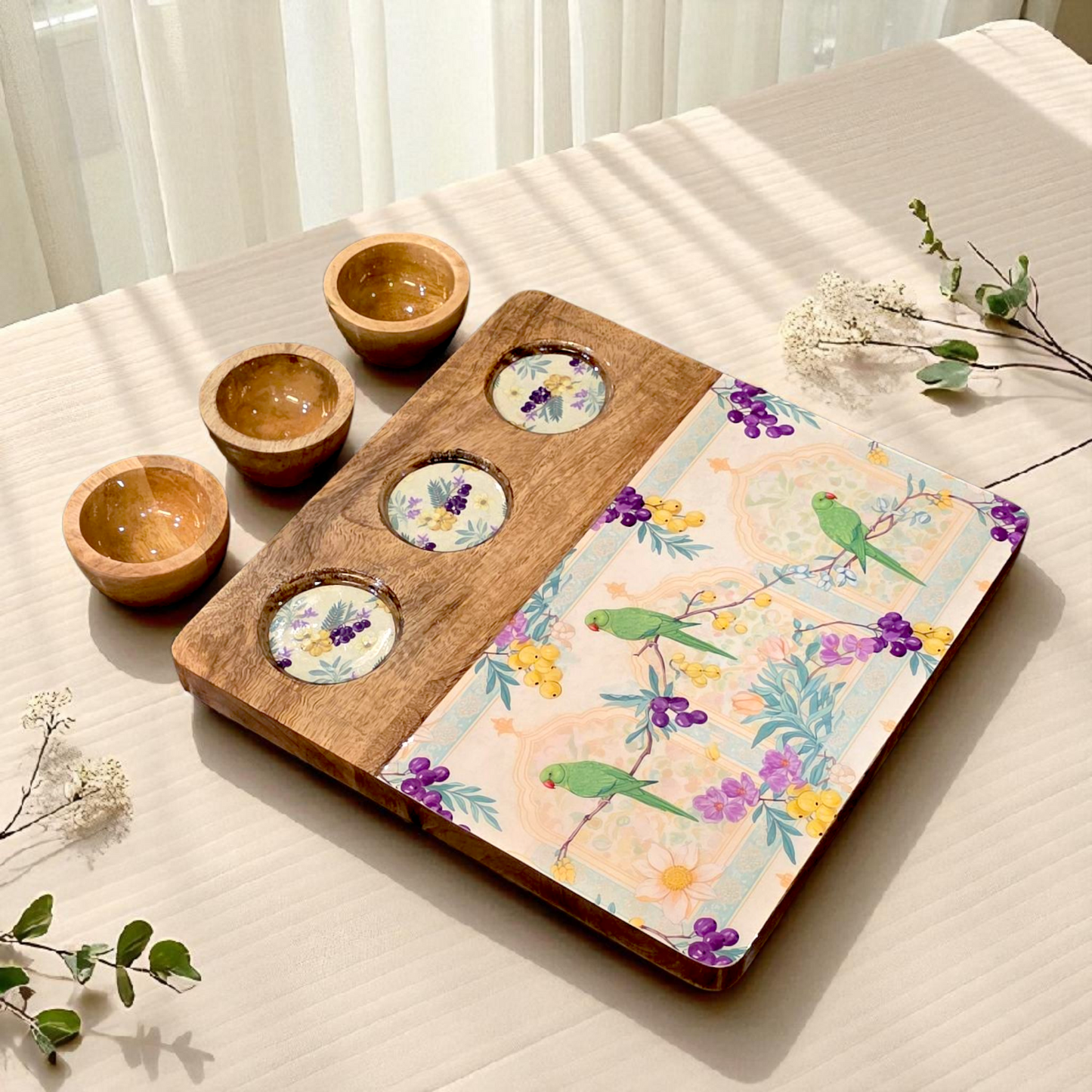 3 Bowl Wooden Snack Platter - Bageecha