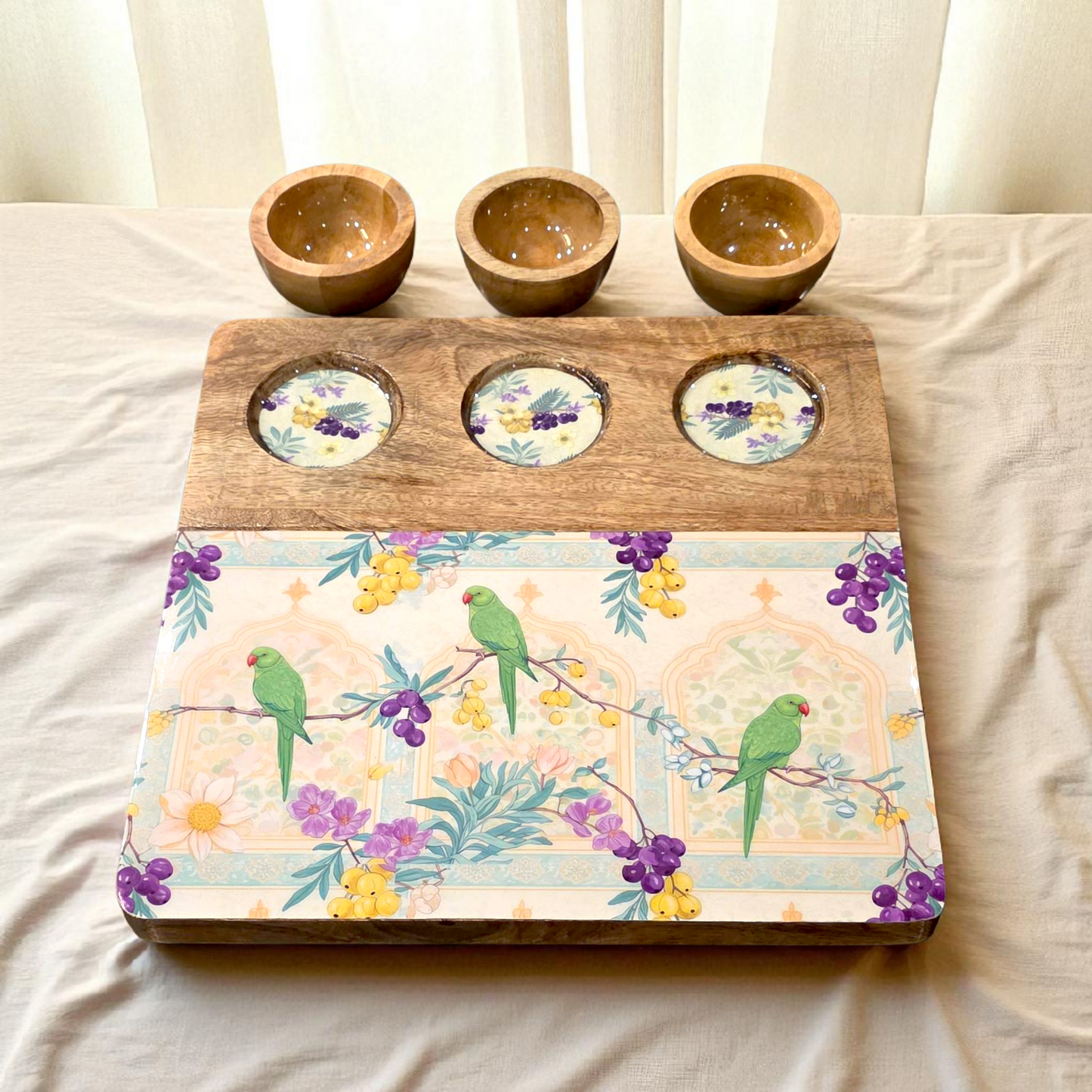 3 Bowl Wooden Snack Platter - Bageecha