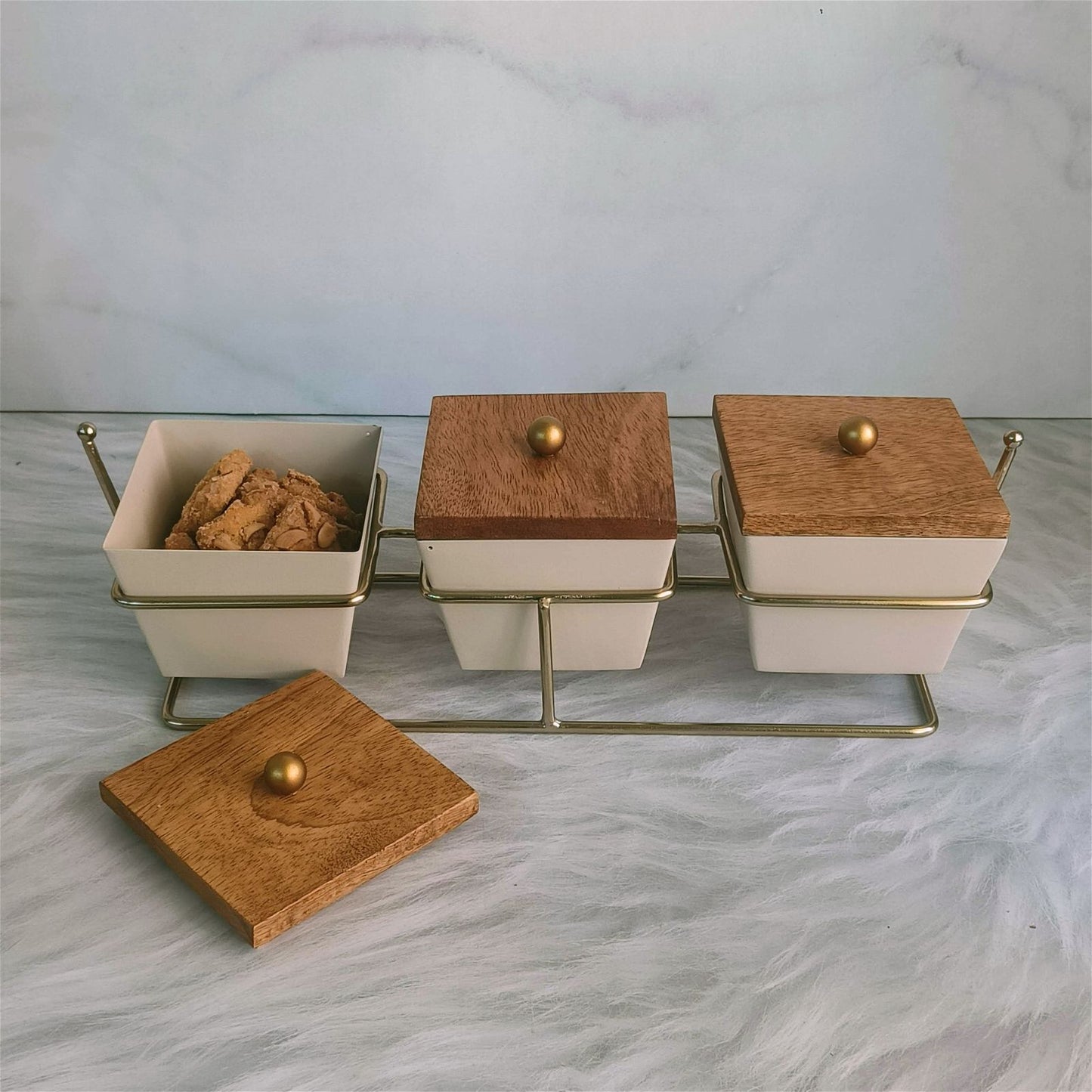 3 Wooden Lid Storage Boxes with Metal Stand - - Samaa India - - #tag1# - #tag2# - #tag3# - #tag4#