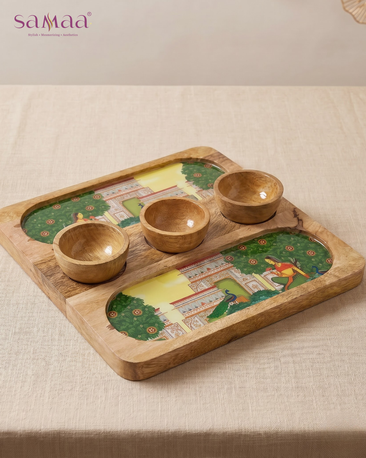 Wooden 2 Side 3 Bowl Platter - Bagh-e-Rangeen