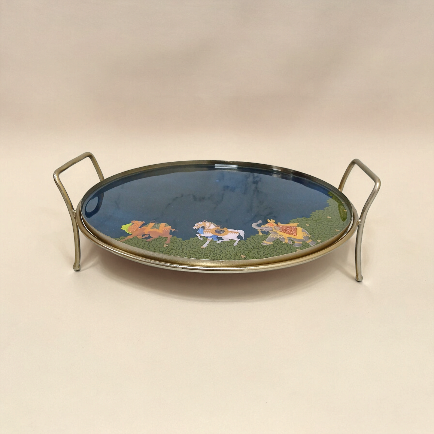 Round Metal Dessert & Snack Stand Platter - Blue Royalty - - Samaa India - - #tag1# - #tag2# - #tag3# - #tag4#