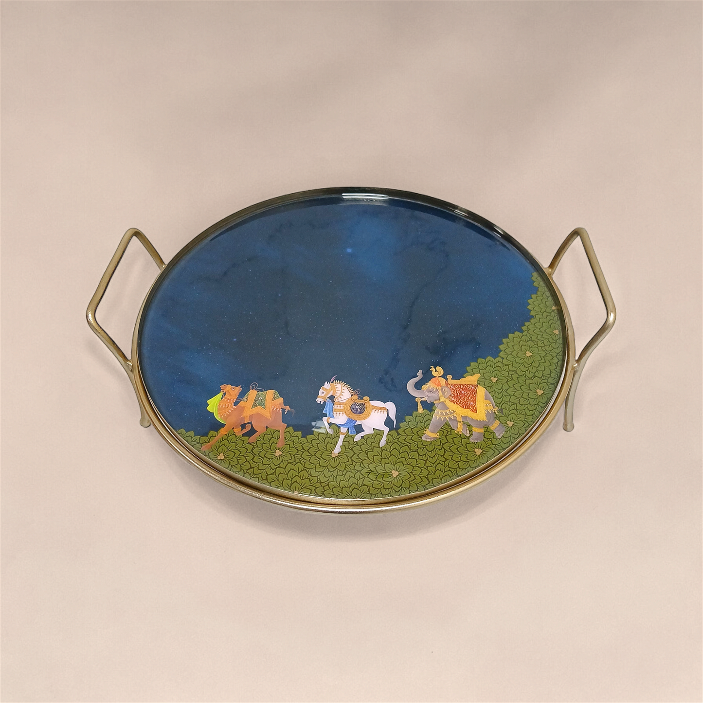 Round Metal Dessert & Snack Stand Platter - Blue Royalty - - Samaa India - - #tag1# - #tag2# - #tag3# - #tag4#