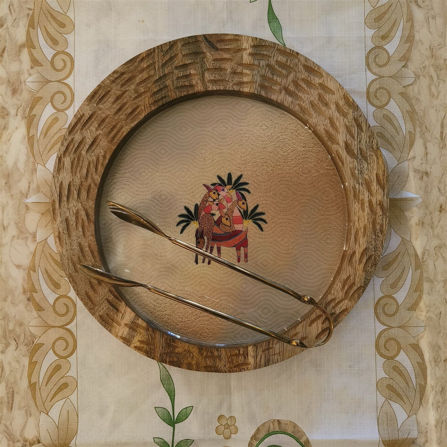 Sun Moon Wooden Platter - The Deer Story with Golden Tong - - Samaa India - - #tag1# - #tag2# - #tag3# - #tag4#