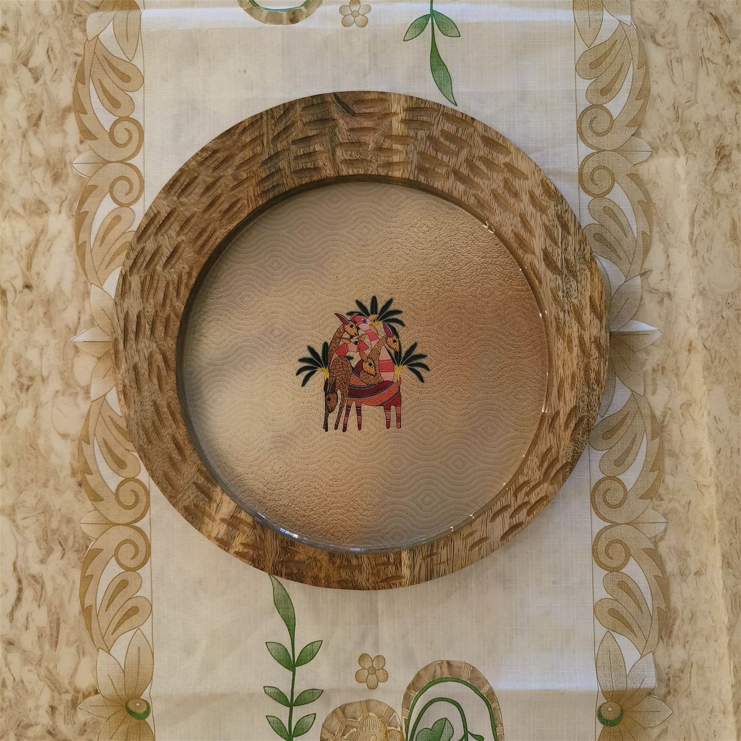 Sun Moon Wooden Platter - The Deer Story with Golden Tong - - Samaa India - - #tag1# - #tag2# - #tag3# - #tag4#