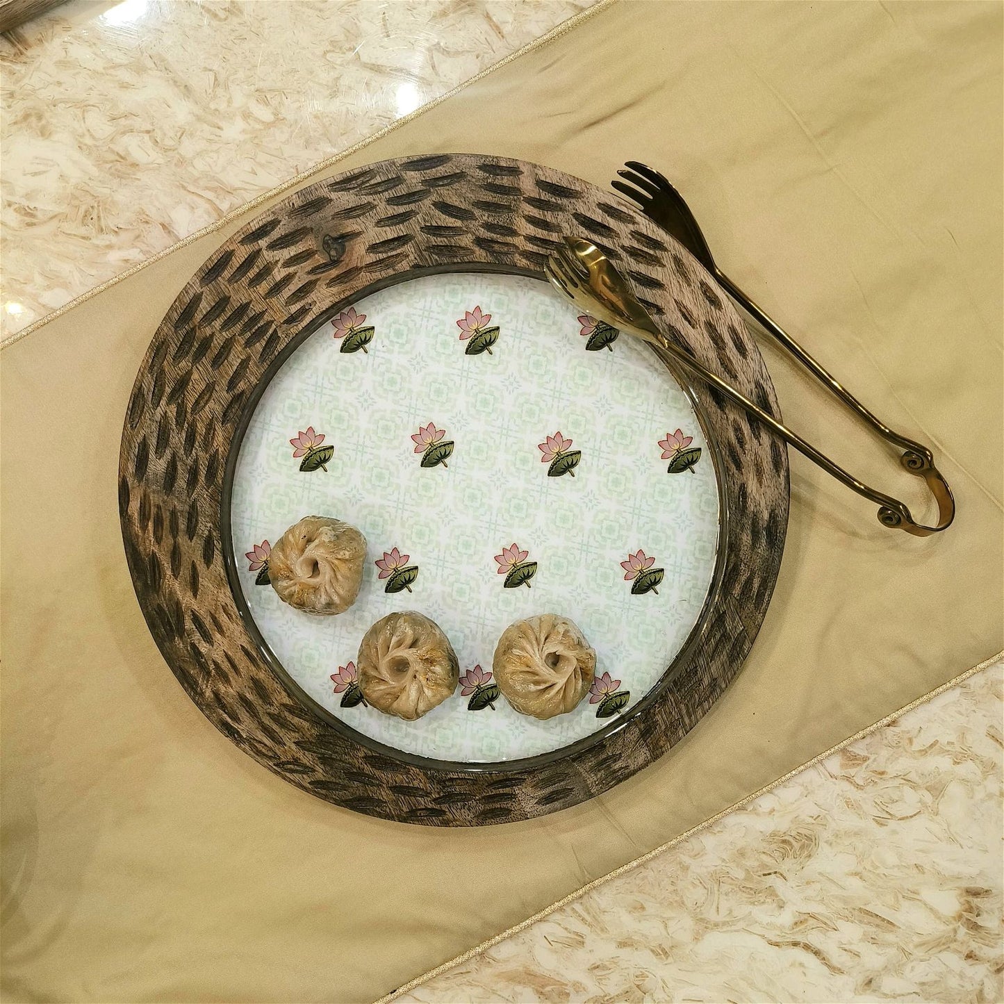 Sun Moon Wooden Platter - The Lotus Buti with Golden Tong - - Samaa India - - #tag1# - #tag2# - #tag3# - #tag4#