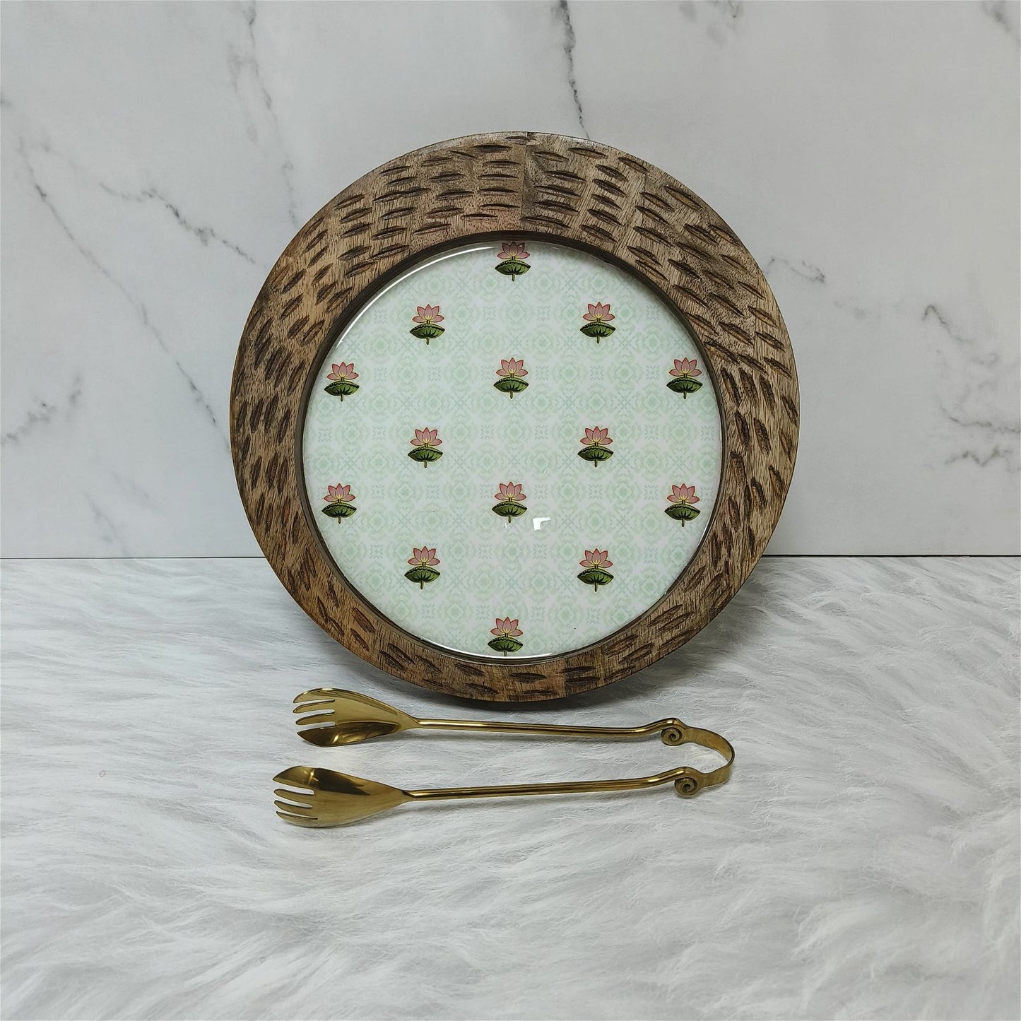 Sun Moon Wooden Platter - The Lotus Buti with Golden Tong - - Samaa India - - #tag1# - #tag2# - #tag3# - #tag4#