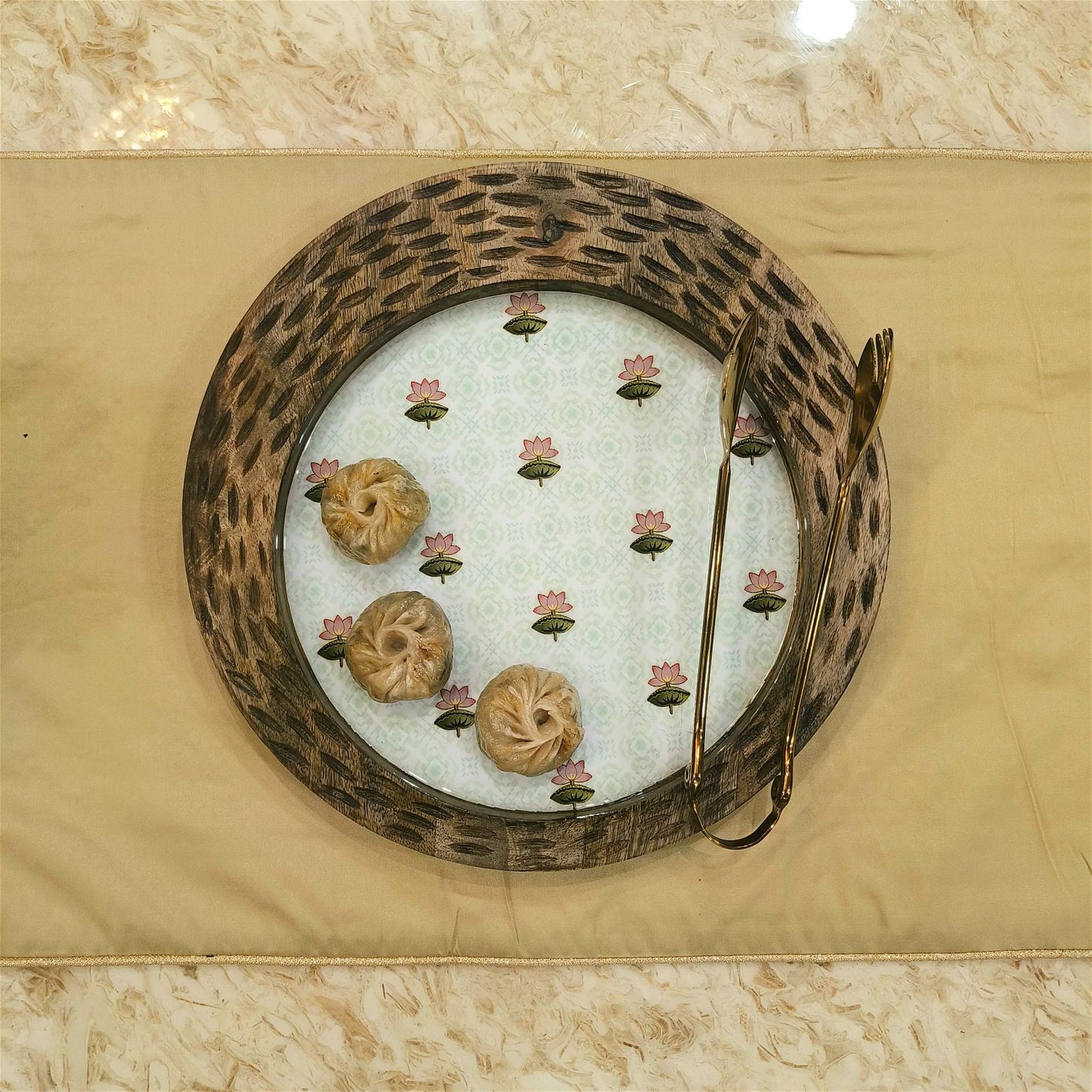 Sun Moon Wooden Platter - The Lotus Buti with Golden Tong - - Samaa India - - #tag1# - #tag2# - #tag3# - #tag4#