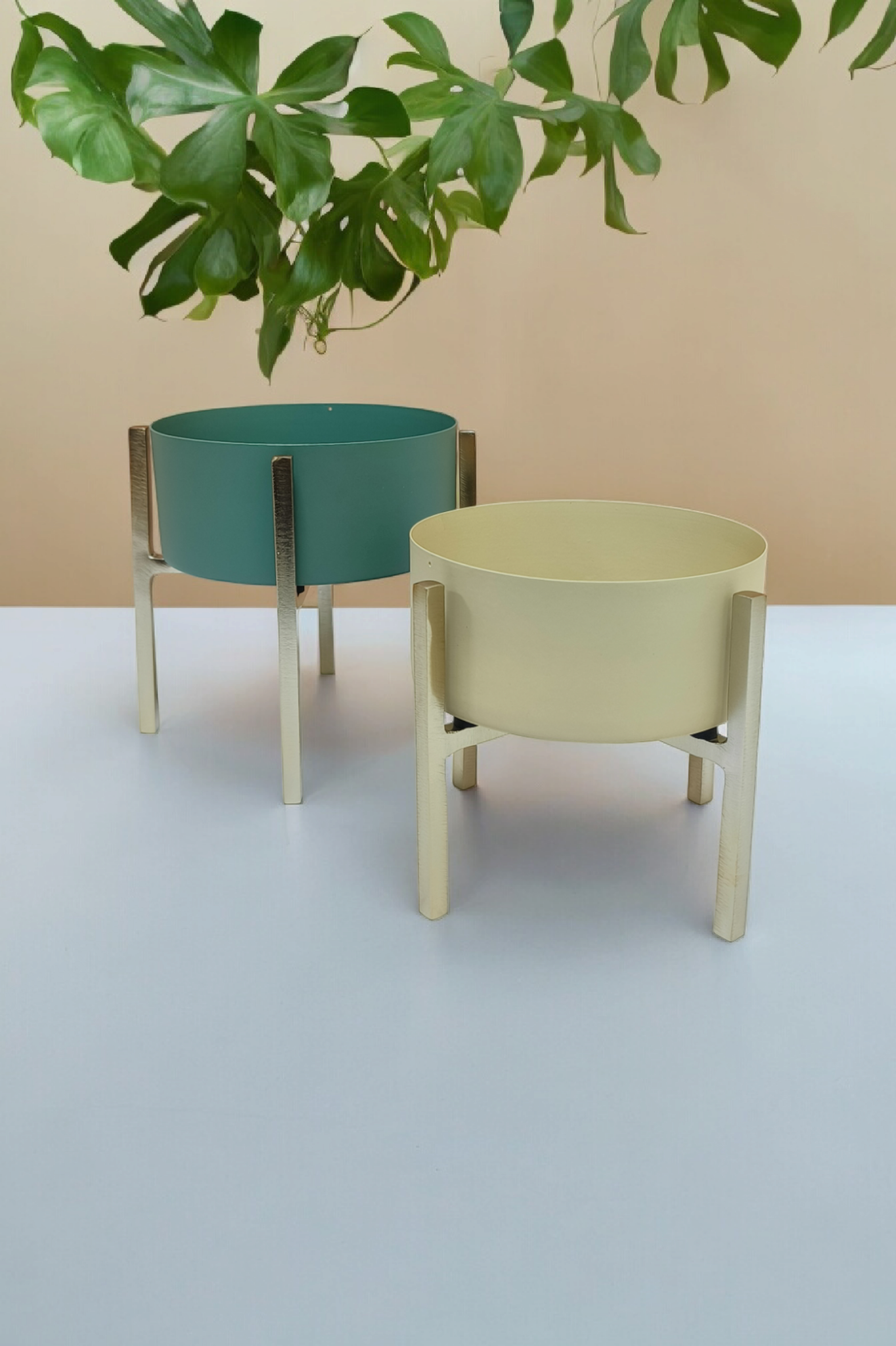 Two modern detachable stand metal bowls in green and cream colors on metal legs
