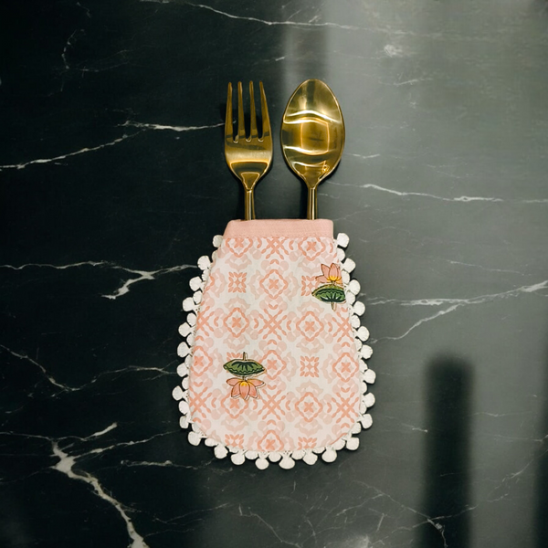 Samaa India elegant dining cutlery holders in pink with white pompom trim and floral embroidery