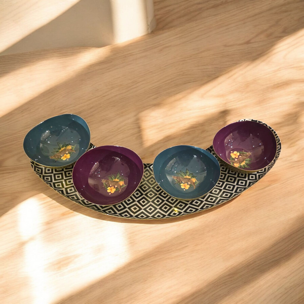 Samaa India elegant platter with bowls featuring blue and purple bowls on a patterned base