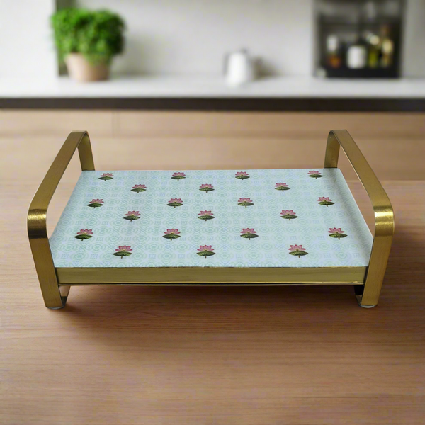 Samaa India luxury khatiya platter with gold handles and floral pattern on wooden surface