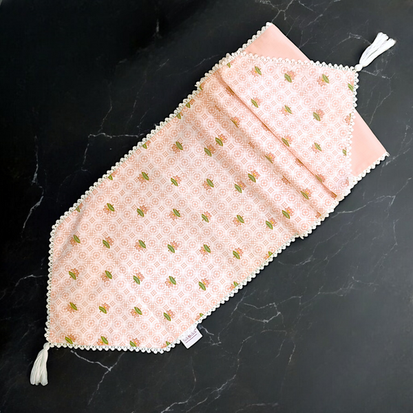 Samaa India luxury table runner linen in soft pink with delicate floral embroidery and tassel ends