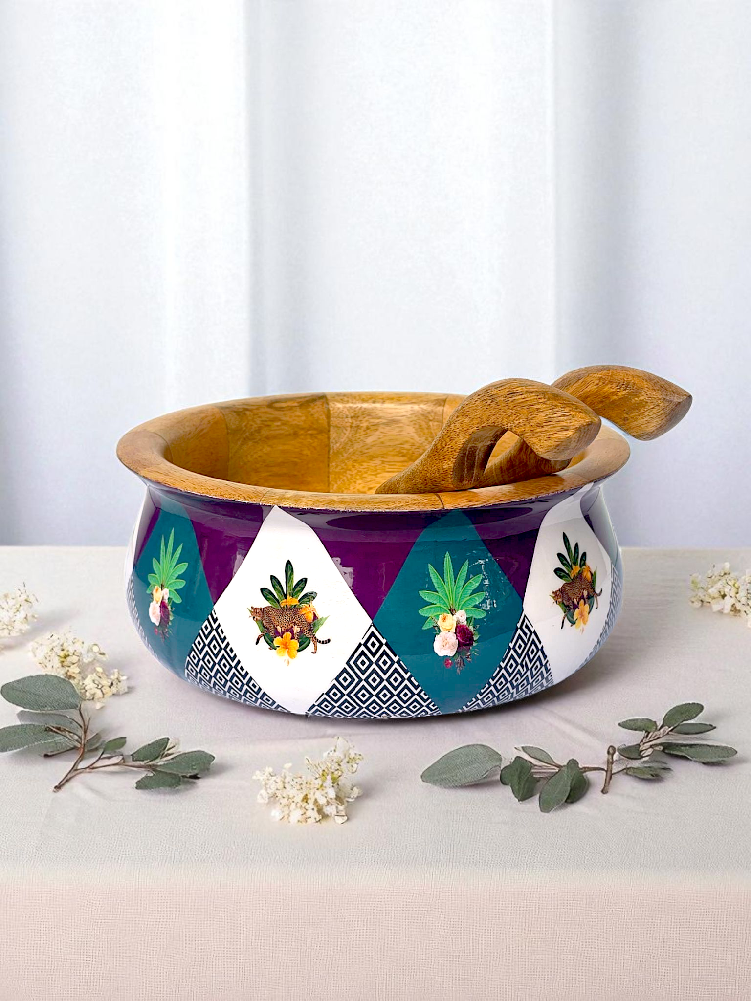 Samaa India matka salad bowl with servers featuring colorful floral design and wooden interior