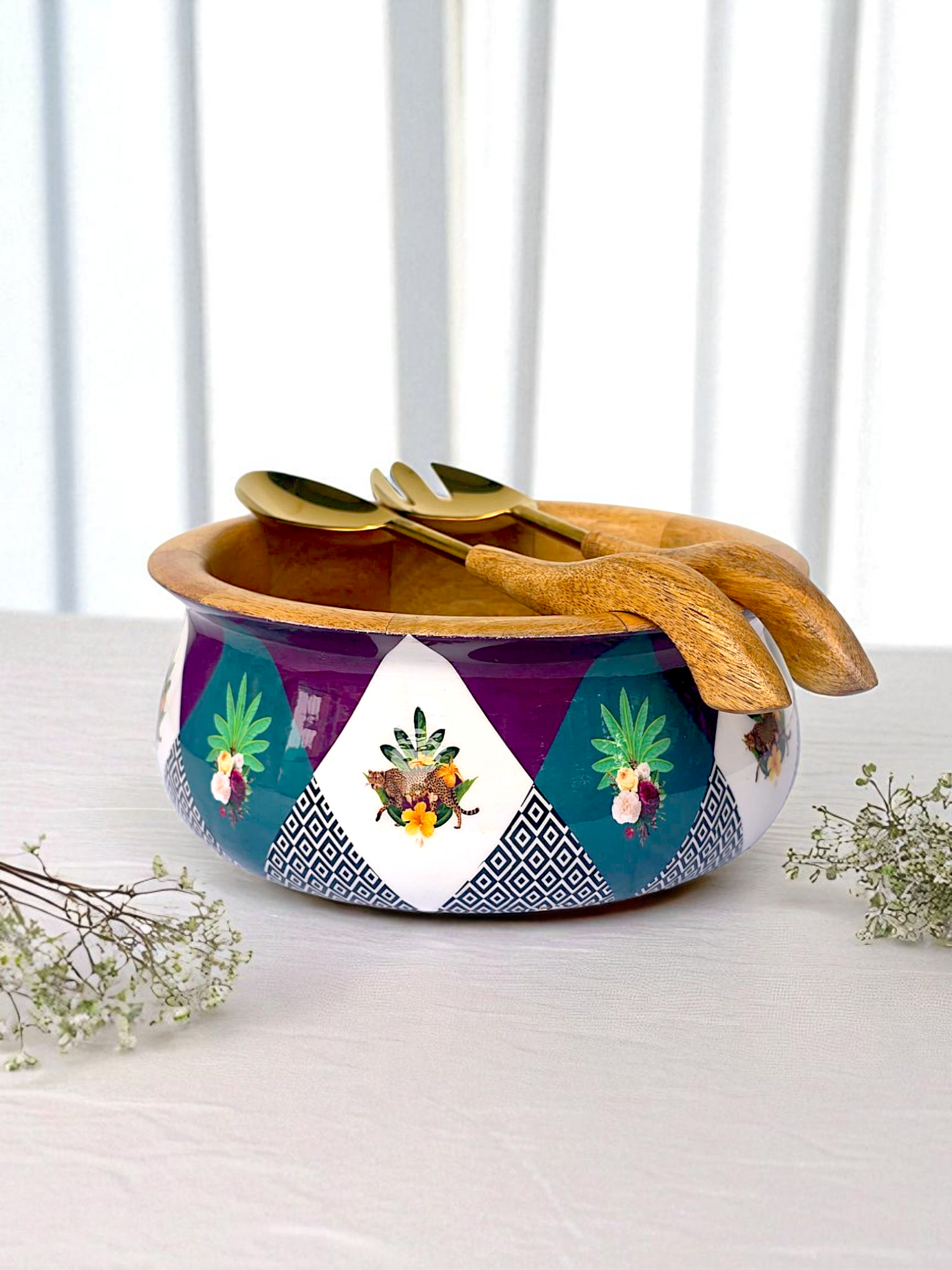 Matka salad bowl with servers from Samaa India featuring colorful geometric and floral designs