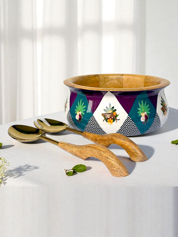 Samaa India Matka salad bowl with servers featuring colorful hand-painted design and wooden handles
