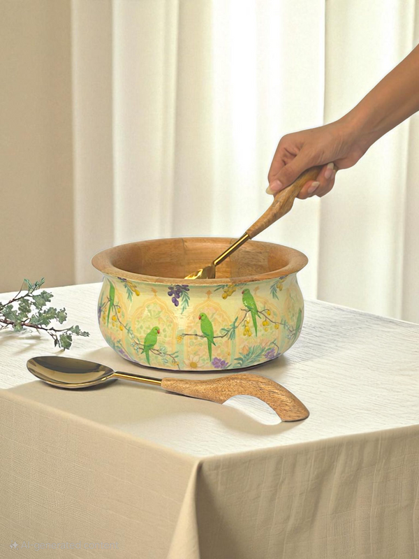 Samaa India matka salad bowl with servers featuring hand-painted bird design and wooden handles