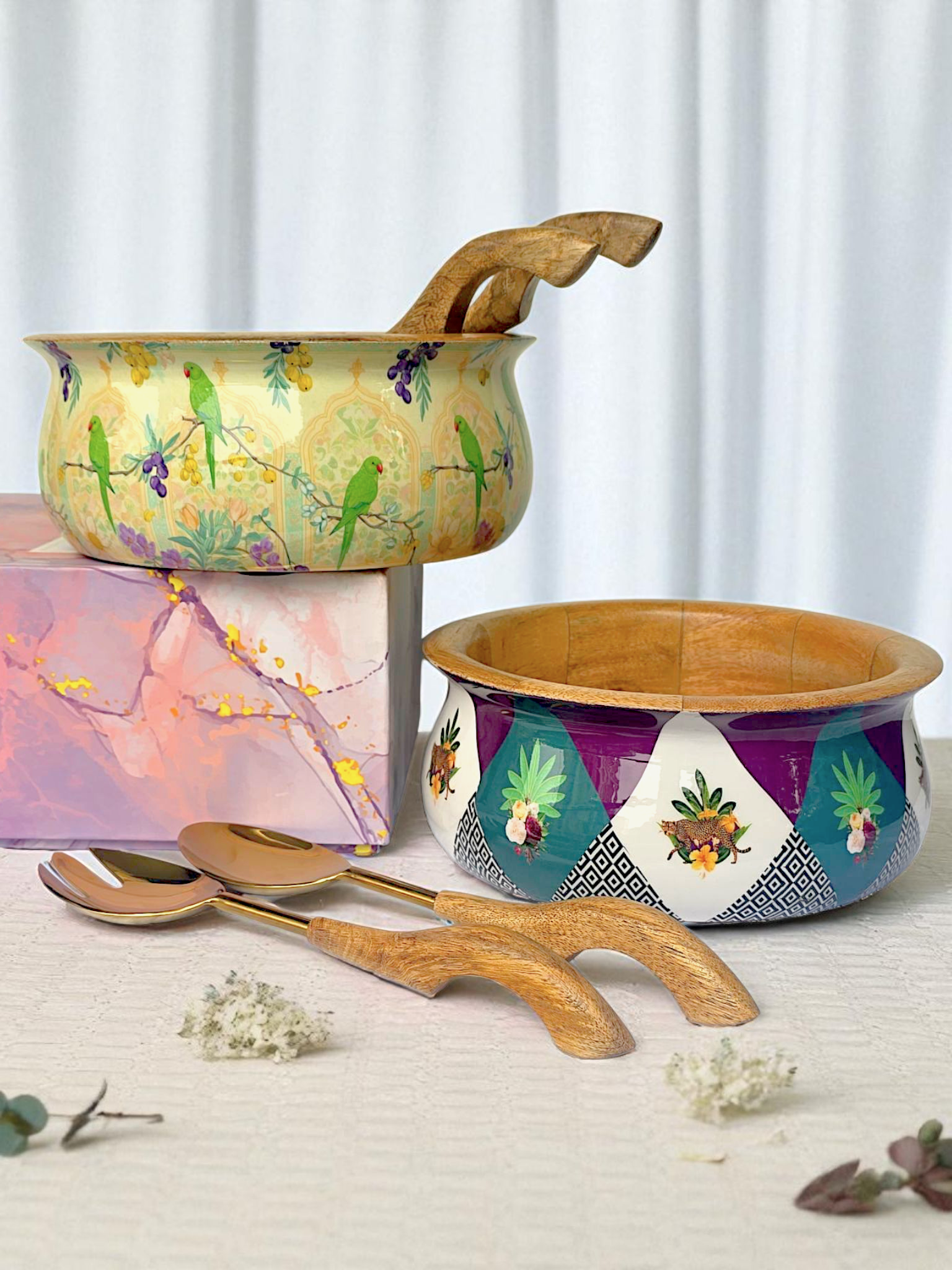 Samaa India Matka salad bowl with servers featuring colorful hand-painted designs and wooden serving spoons