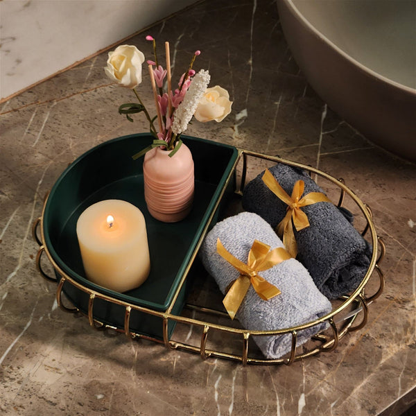 Samaa India metal bathroom vanity tray with candle vase and rolled towels on marble countertop