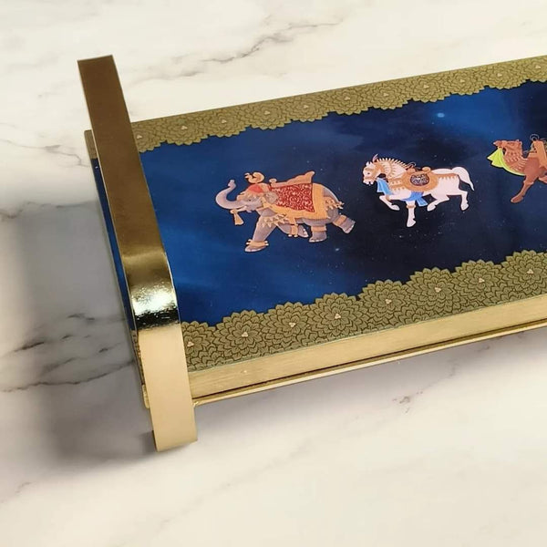 Samaa India modern khatiya tray platter with blue surface, gold border, and elephant and horse design
