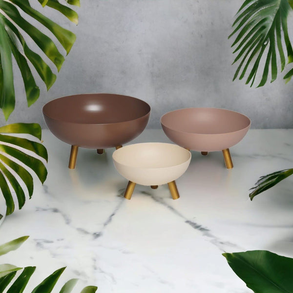 Samaa India metal nesting bowls set with three brown and beige bowls on gold legs