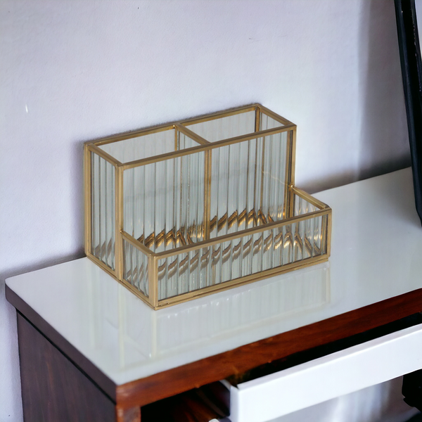 Samaa India Mulitpurpose fluted glass organizer with gold frame on white tabletop