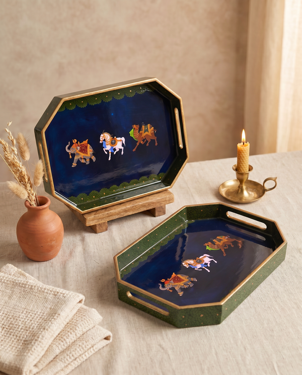 Decorative Octagon Set of 2 Trays for home - Blue Royalty