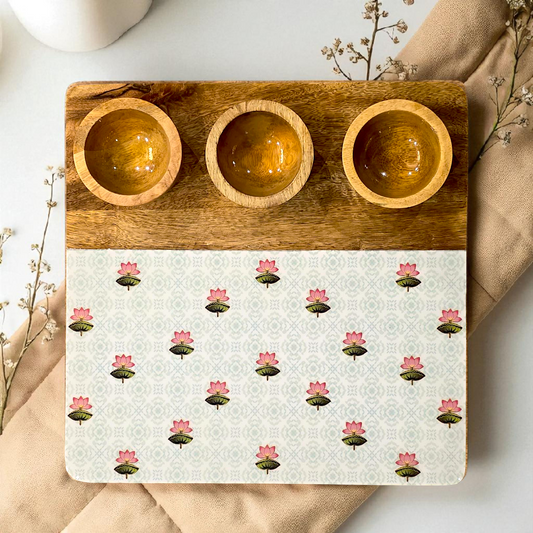 3 Bowl Wooden Snack Platter - The Lotus Buti