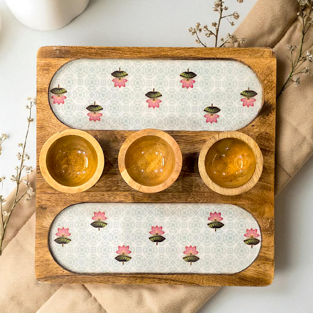Wooden 2 Side 3 Bowl Platter - The Lotus Buti