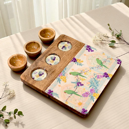 3 Bowl Wooden Snack Platter - Bageecha