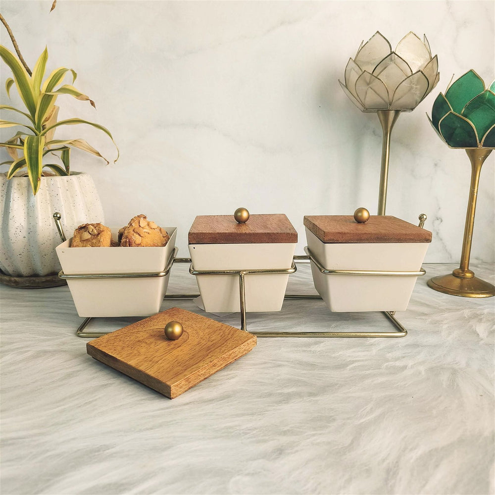 3 Wooden Lid Storage Boxes with Metal Stand