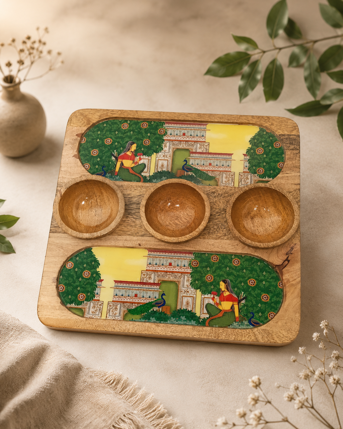 Wooden 2 Side 3 Bowl Platter - Bagh-e-Rangeen