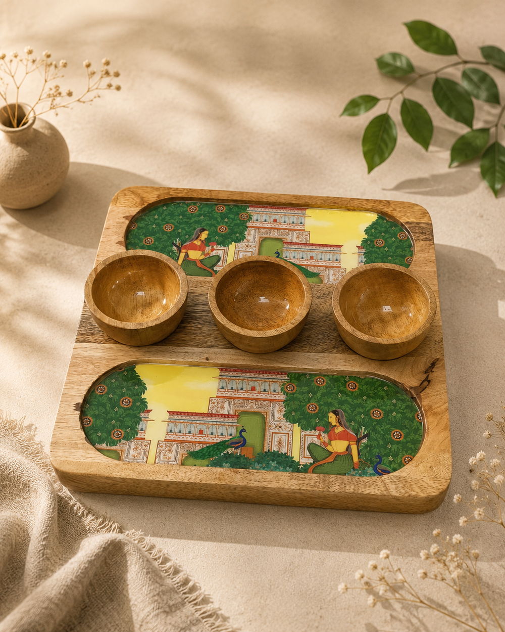 Wooden 2 Side 3 Bowl Platter - Bagh-e-Rangeen