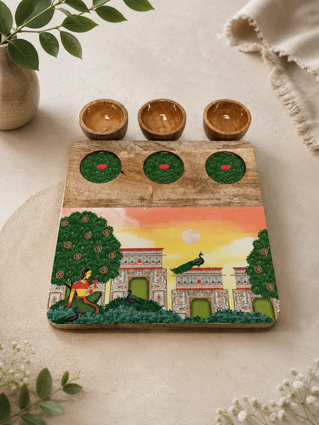 Wooden Snack Platter with 3 Bowls - Bagh-e-rangeen Samaa India