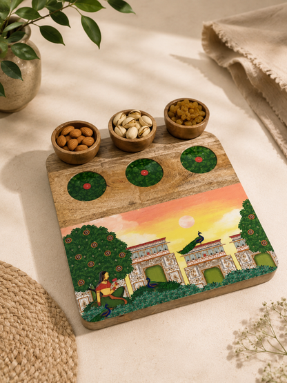 Wooden Snack Platter with 3 Bowls - Bagh-e-rangeen Samaa India