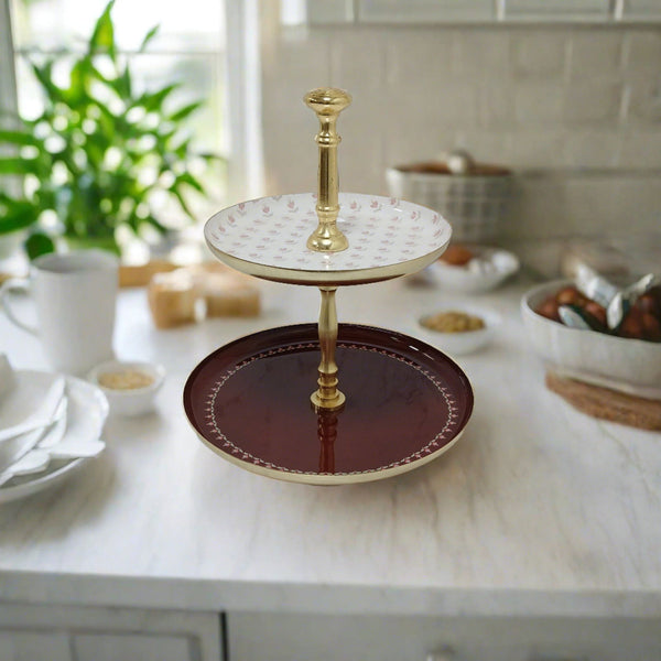 Elegant 2-Tier Dessert Stand - Mahroon & White