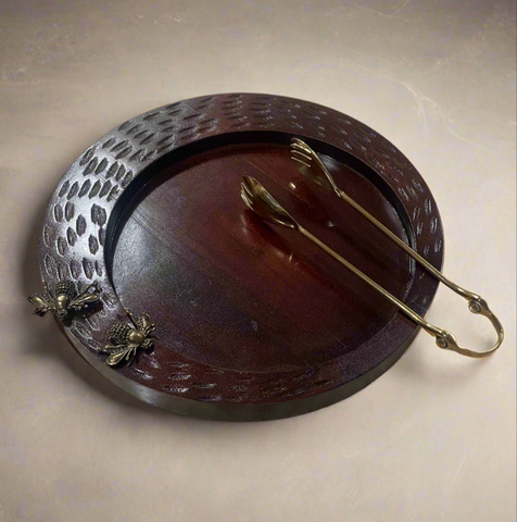 Sun Moon Bee Wooden Platter with Golden Tong