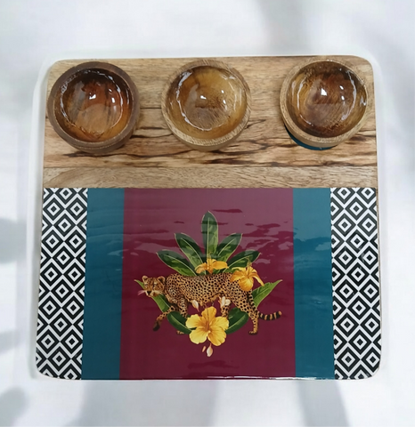 3 Bowl Wooden Snack Platter - Botanical Extravaganza