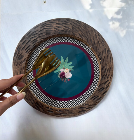 Sun Moon Wooden Platter - Botanical Extravaganza with Golden Tong