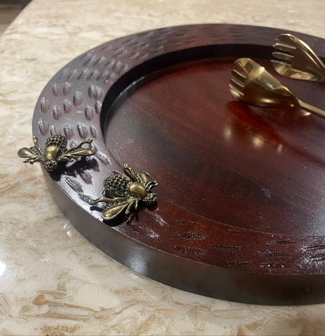 Sun Moon Bee Wooden Platter with Golden Tong