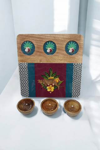 3 Bowl Wooden Snack Platter - Botanical Extravaganza