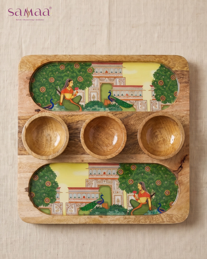 Wooden 2 Side 3 Bowl Platter - Bagh-e-Rangeen