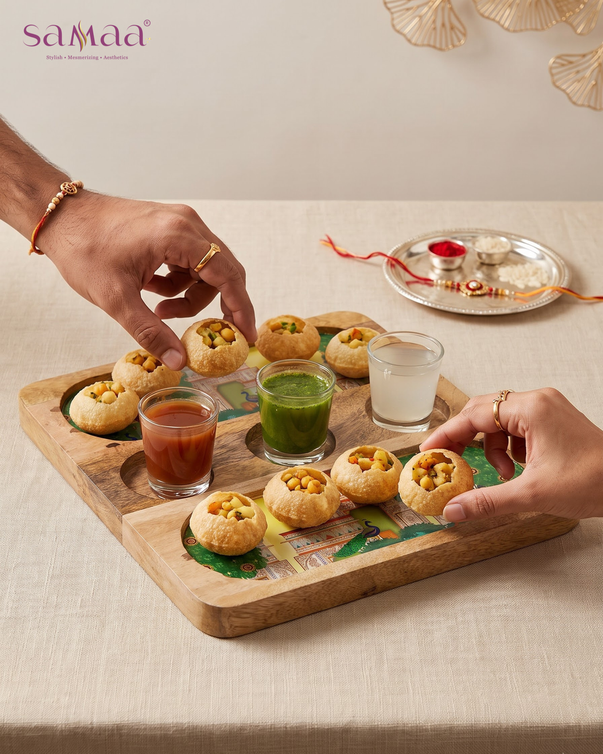 Wooden 2 Side 3 Bowl Platter - Bagh-e-Rangeen